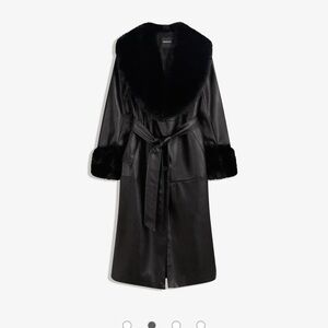 BERSHKA leather effect coat with contrast faux fur in black